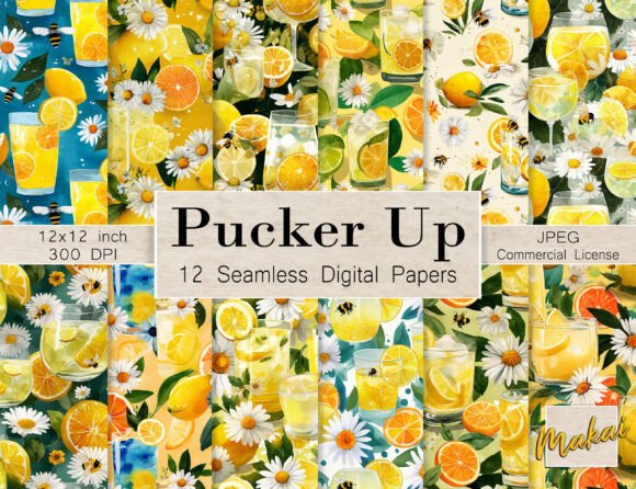 12 Seamless Watercolor Lemons Daisies: A Versatile Pattern Set for Creative Projects