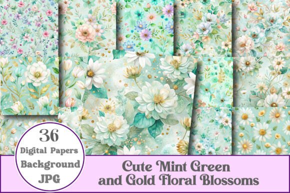 Cute Mint Green and Gold Floral Blossoms: A Versatile Design for Creative Projects
