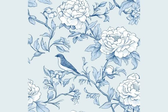 Floral Blue Chinoiserie Toile De Jouy 04