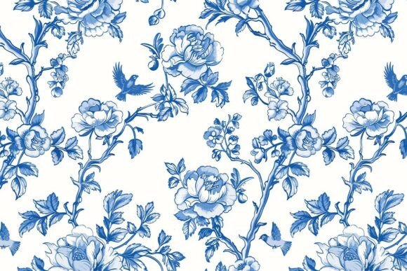 Floral Blue Chinoiserie Toile De Jouy 09: Timeless Elegance for Design