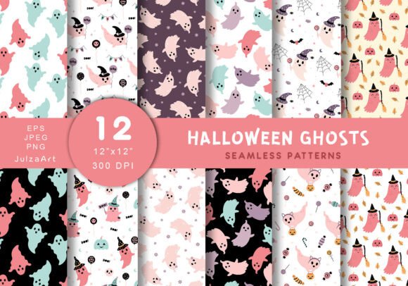 Pink Halloween Ghost Pattern Set: A Versatile Design Resource for Spooky Season Projects