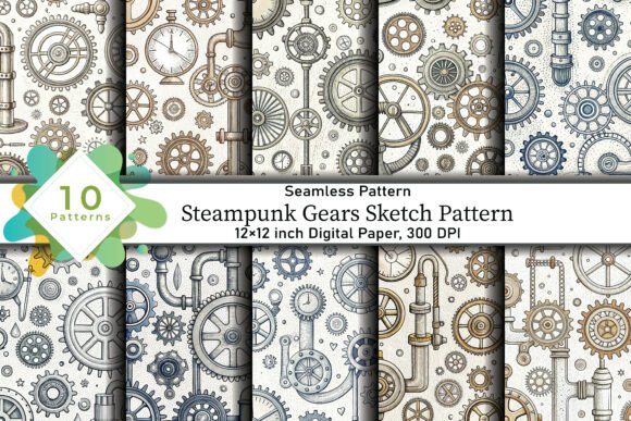 Steampunk Gears Sketch Pattern: A Digital Design Asset with Industrial Elegance
